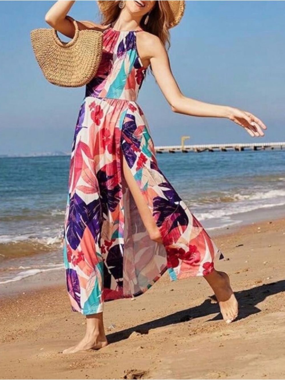 Tropical Multicolor Halter Maxi Dress Size XL High Slit